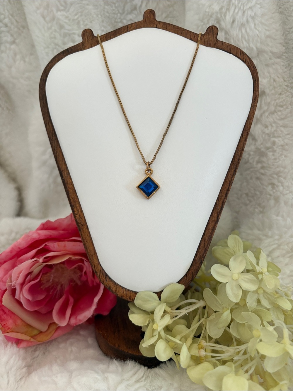 Gold Chain Necklace with Blue Square Pendant